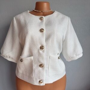 Elegant White Textured Jacket with Gold Buttons